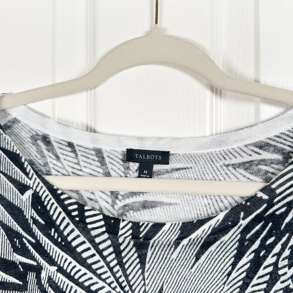 Talbots Linen Pullover Women’s M Black White Palm Print Round Neck Cap Sleeve - Picture 2 of 7